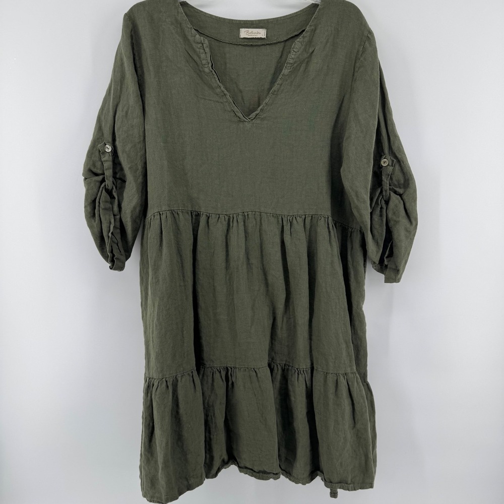 Bellambra Linen Dress Womens Large‎ Olive Green Tiered Babydoll Made in Italy